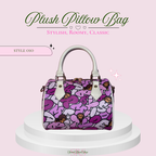 A purple and pink patterned plush pillow bag with white handles, displayed on a white tiered pedestal against a light pink background with decorative text.