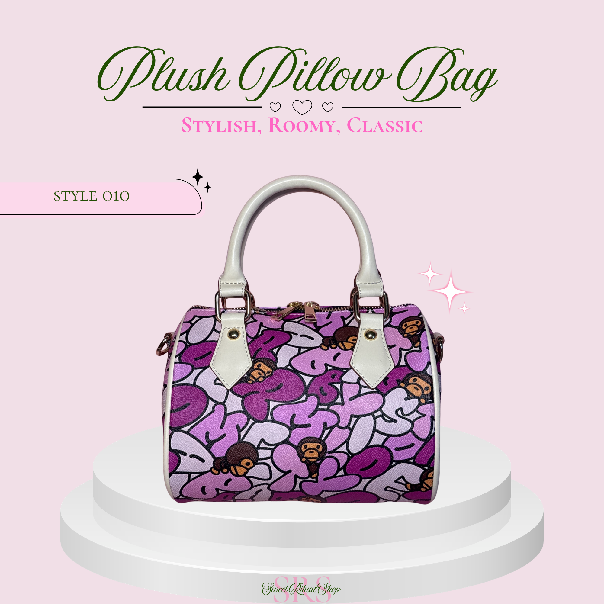 A purple and pink patterned plush pillow bag with white handles, displayed on a white tiered pedestal against a light pink background with decorative text.