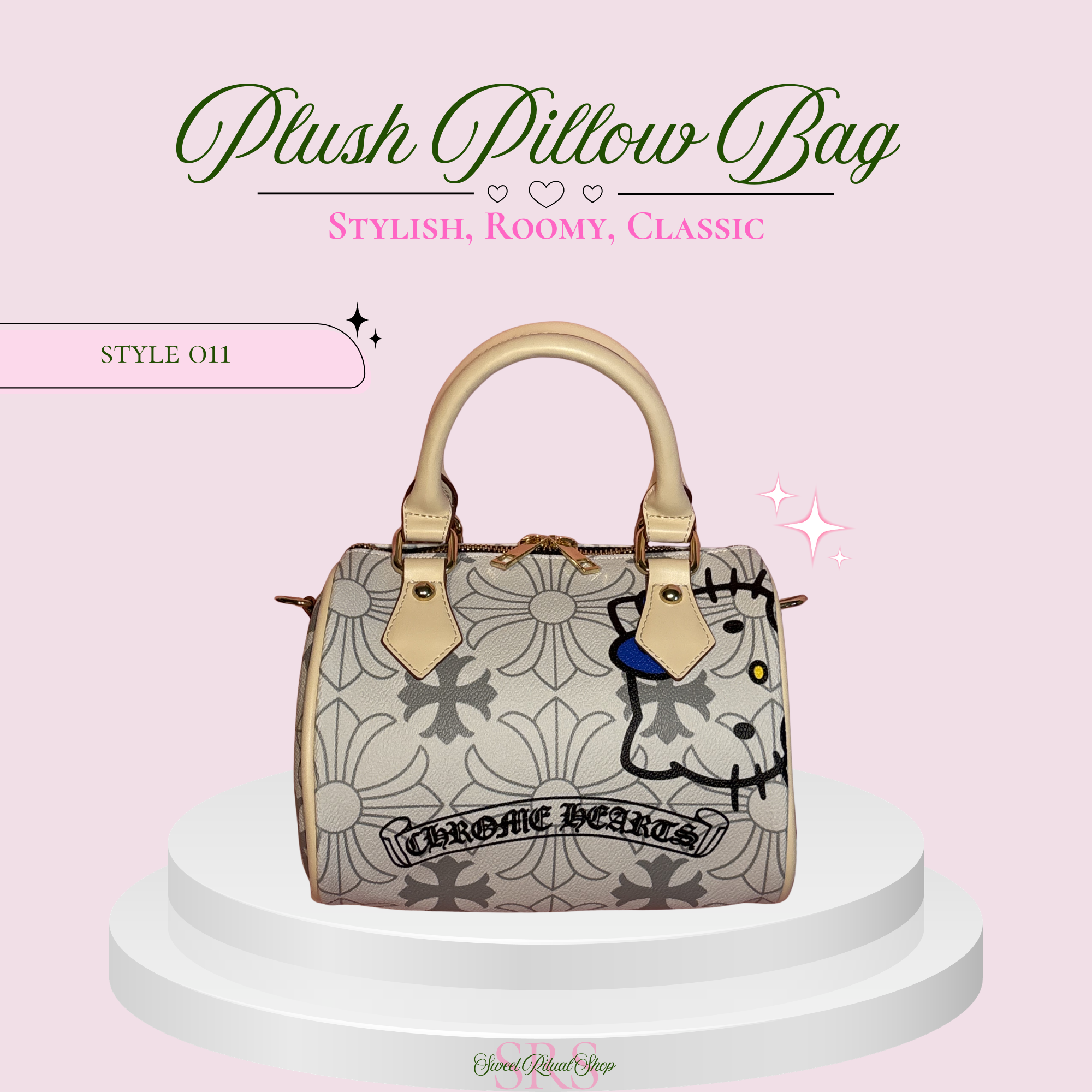 A plush pillow-style handbag with a light beige floral pattern, gold-tone handles and hardware, and a cartoon cat illustration on the front. The bag is displayed on a white pedestal against a pale pink background with decorative text reading 'Plush Pillow Bag' and 'Style 011'.