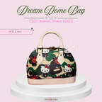 A structured dome handbag with a green camouflage pattern featuring Hello Kitty illustrations, cream-colored handles and trim, and a pink base. The bag is displayed on a white tiered pedestal against a light pink background with promotional text.