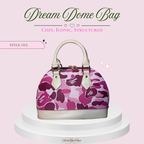 A structured dome-shaped handbag with a pink and purple camouflage pattern, displayed on a white tiered pedestal against a light pink background with promotional text.