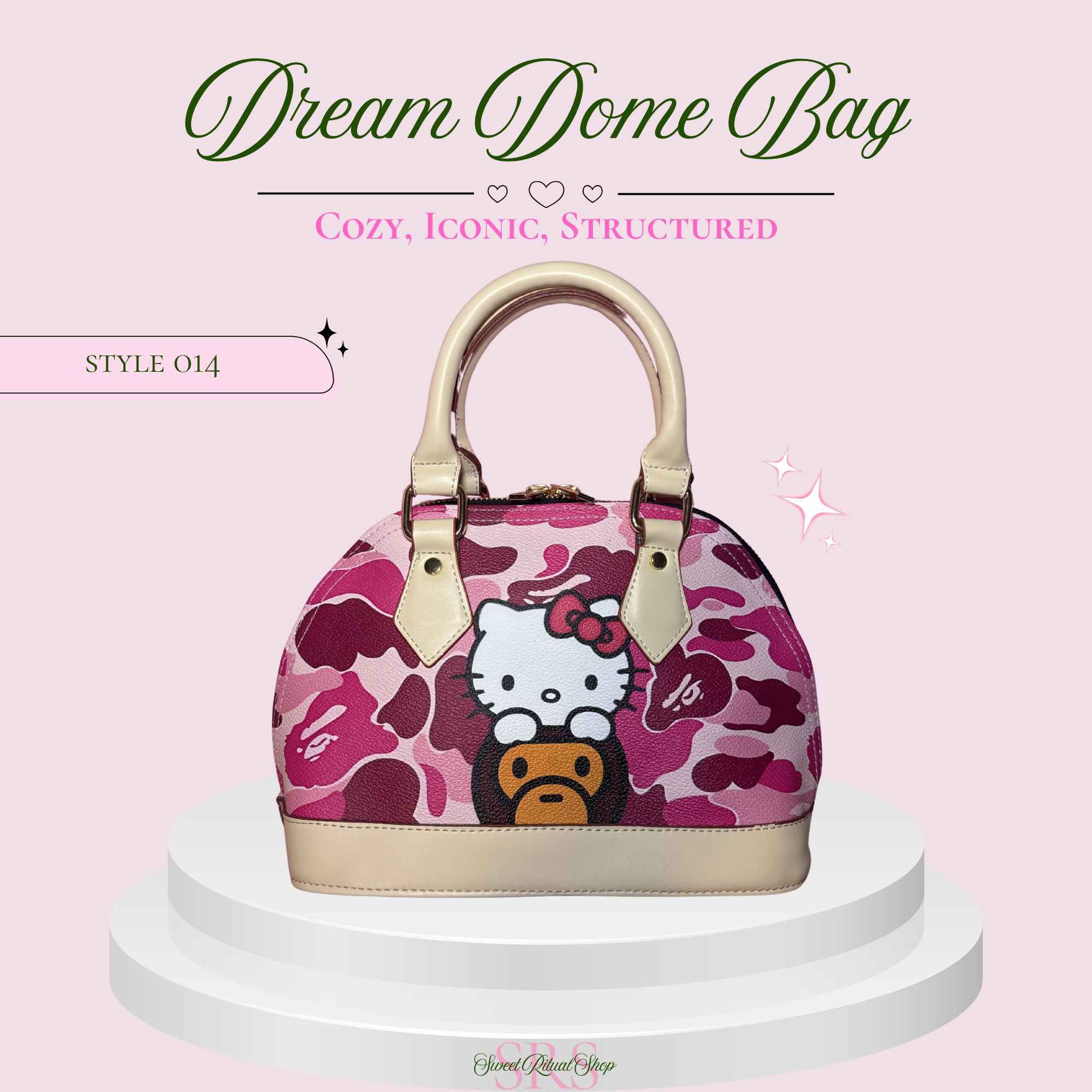 A pink camouflage handbag with a Hello Kitty and Ape Head graphic, displayed on a white tiered pedestal against a light pink background with promotional text.
