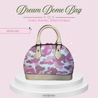 A structured dome handbag with a pink and purple camouflage pattern on a light background, featuring cream-colored handles and trim, displayed on a white pedestal against a light pink background with promotional text.