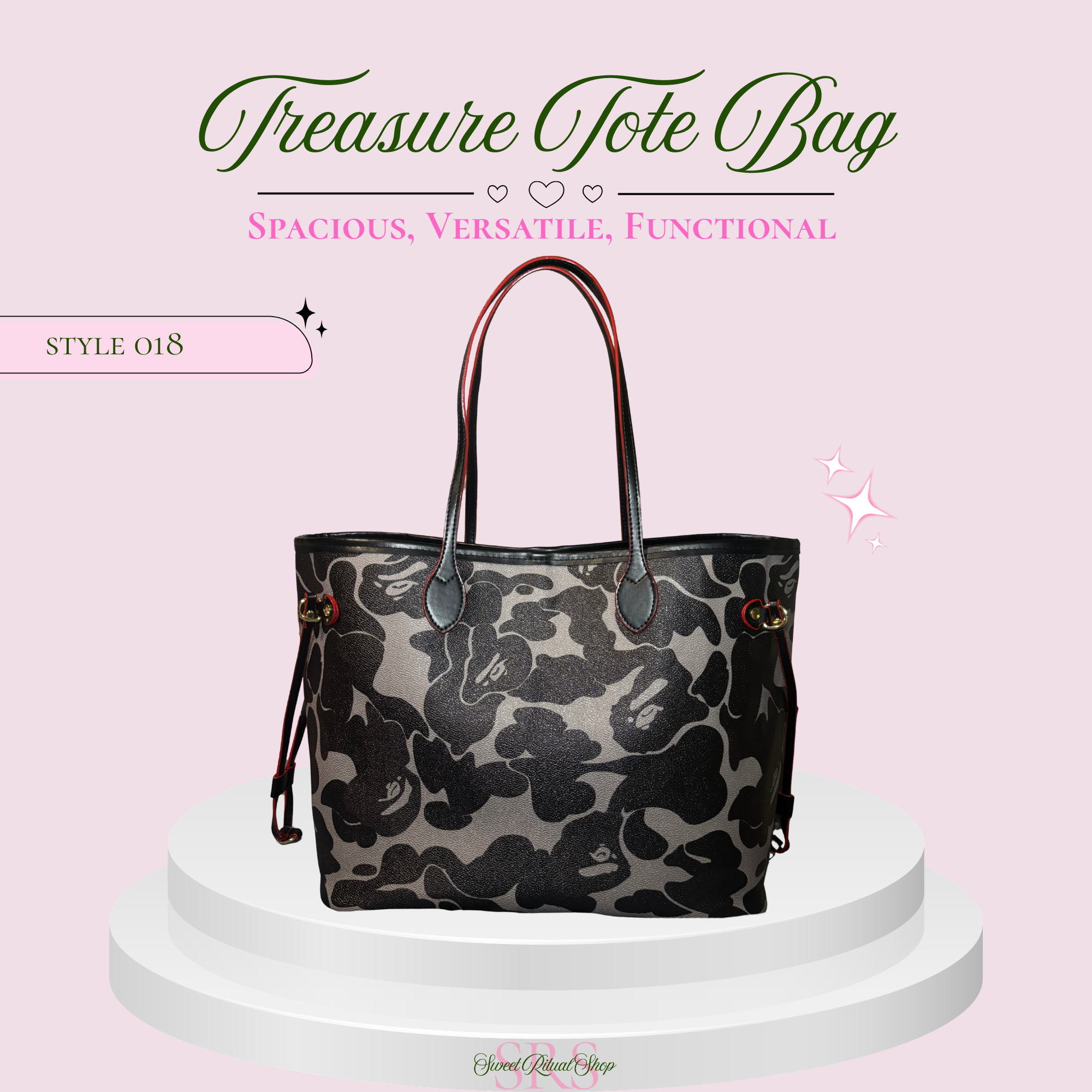 A black and gray floral patterned tote bag with brown leather handles, displayed on a white tiered pedestal against a light pink background with promotional text.