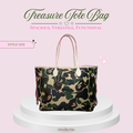 A camouflage tote bag with beige handles and side straps, displayed on a white tiered pedestal against a light pink background with promotional text reading 'Treasure Tote Bag' and 'Style 019'.