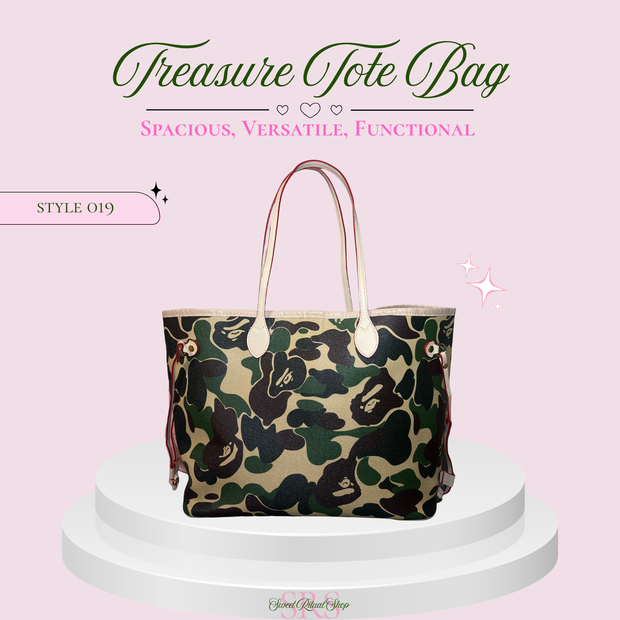 A camouflage tote bag with beige handles and side straps, displayed on a white tiered pedestal against a light pink background with promotional text reading 'Treasure Tote Bag' and 'Style 019'.