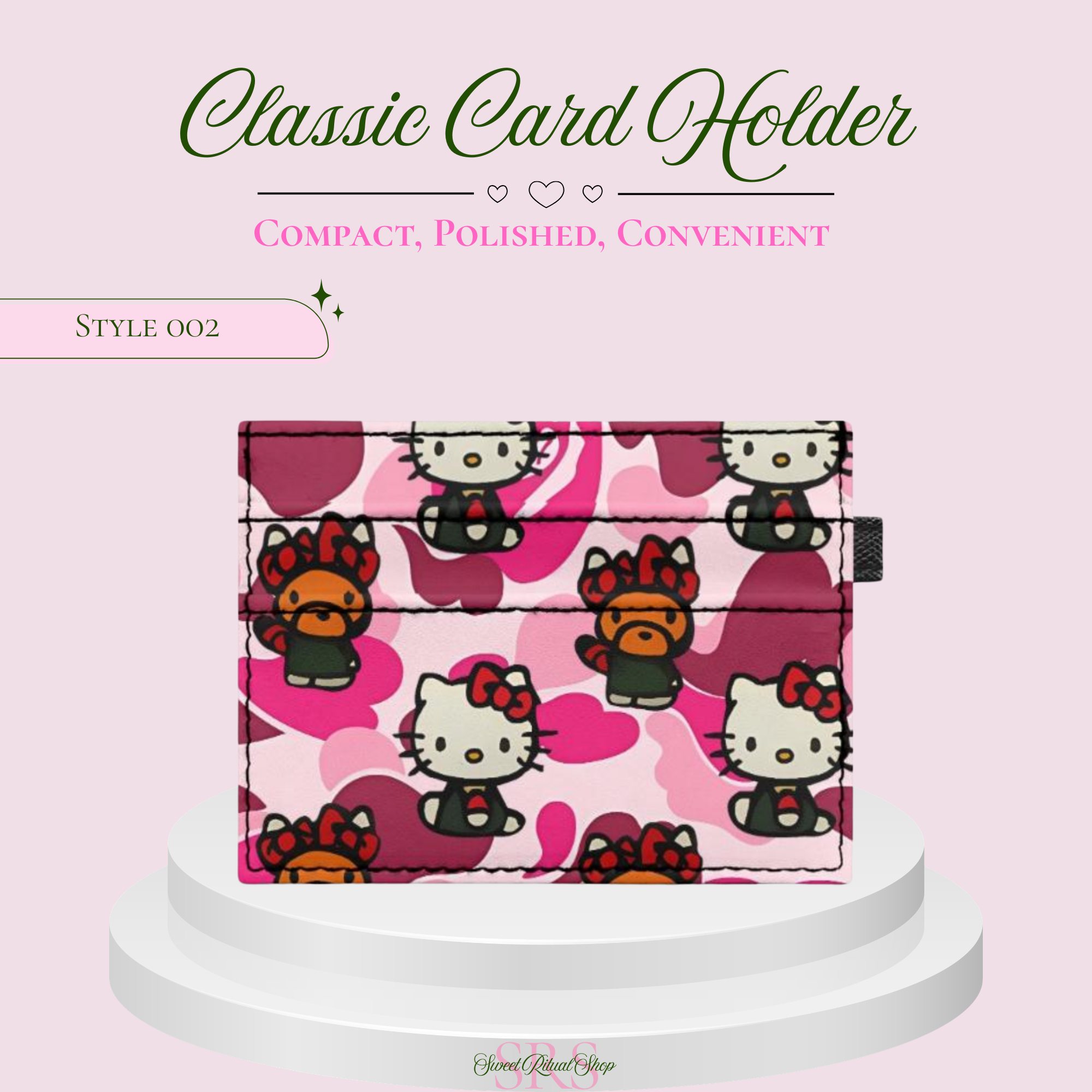 A pink Hello Kitty card holder wallet with a pink camouflage pattern and cartoon character prints, displayed on a white pedestal against a light pink background with promotional text.