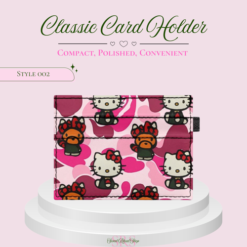 A pink Hello Kitty card holder wallet with a pink camouflage pattern and cartoon character prints, displayed on a white pedestal against a light pink background with promotional text.