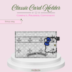 A card holder featuring a Hello Kitty design with a blue bow and black outline, displayed on a white pedestal against a light pink background with text reading 'Classic Card Holder' and 'Style 004'.
