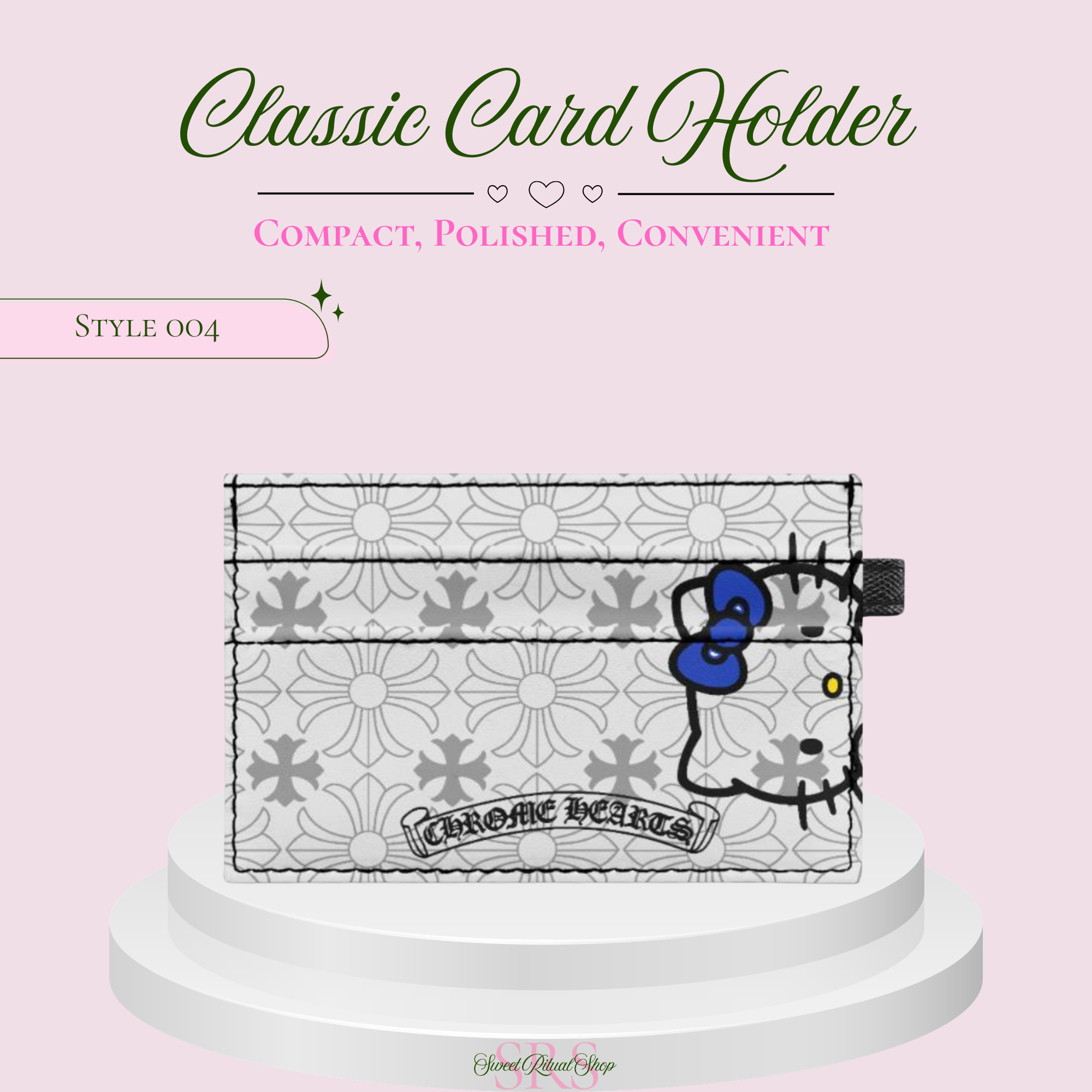 A card holder featuring a Hello Kitty design with a blue bow and black outline, displayed on a white pedestal against a light pink background with text reading 'Classic Card Holder' and 'Style 004'.