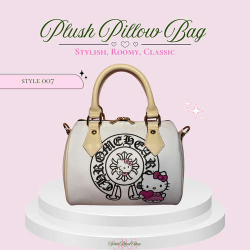 A cream-colored plush pillow bag with tan handles and a Hello Kitty and Chrome Hearts collaboration graphic, displayed on a white tiered pedestal against a light pink background with promotional text.