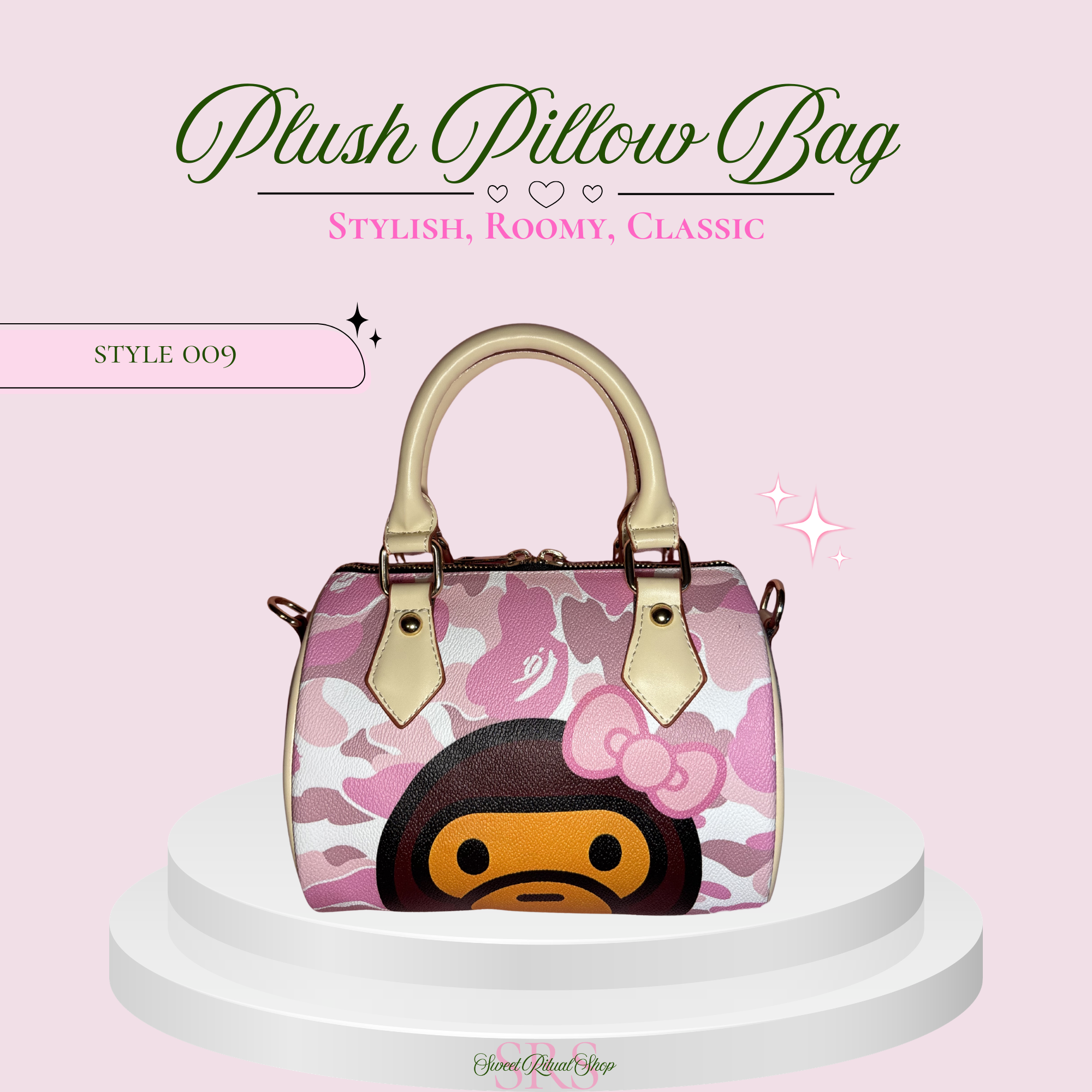 A pink plush pillow bag with a pink camouflage pattern and a cartoon character face on the front, displayed on a white pedestal against a light pink background with decorative text.
